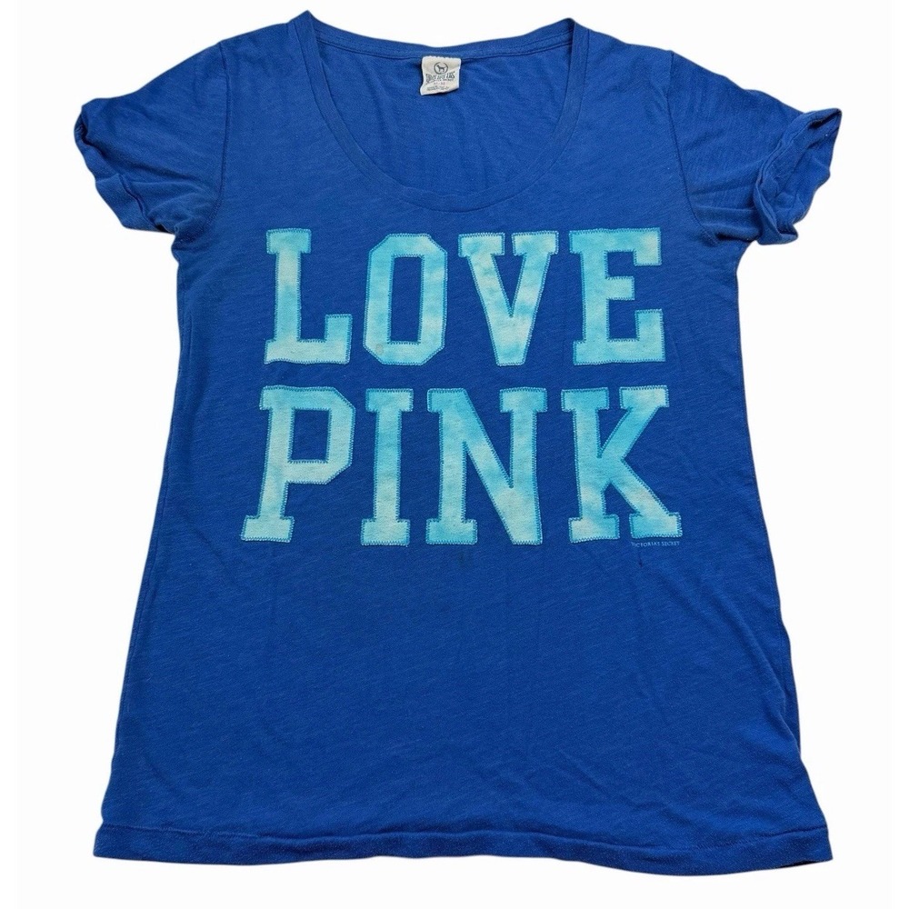 Victoria's Secret PINK Blue Patchwork Logo Tee Size Medium 2011 Y2K 2000s Cute
